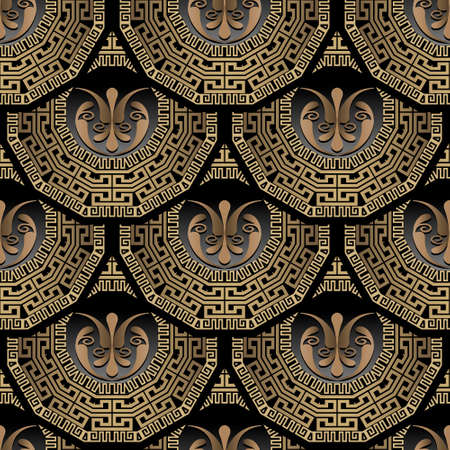 Tiled gold mandalas 3d seamless pattern. Vector ornamental greek background. Surface repeat Deco backdrop. Ornate 3d mandalas with golden greek key meanders frames, flowers. Luxury floral ornaments.のイラスト素材