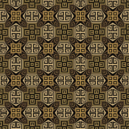Ornamental seamless pattern. Greek style structured vector background. Repeat colorful backdrop. Greek key meanders golden ornament on black background. Decorative geometric patterned abstract design.のイラスト素材