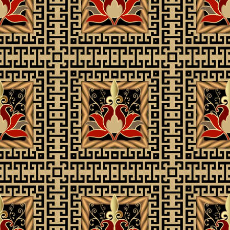 Floral seamless pattern. Greek key meanders floral vector background. Tribal ethnic repeat Deco backdrop. Golden geometric ornaments with vintage flowers, ropes, square frames, swirls. endless textureのイラスト素材