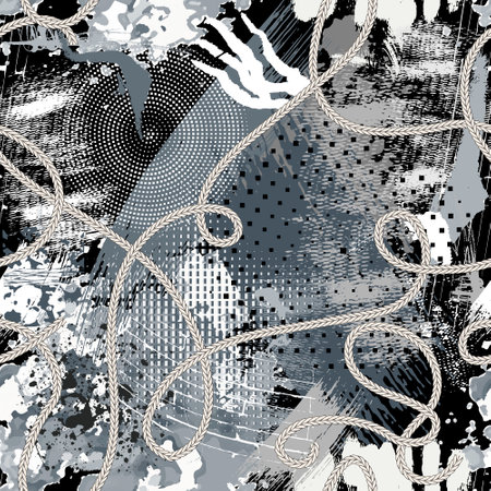 Hand drawn abstract black and white seamless pattern. textured background. Repeat dirty backdrop. Rough trendy ornaments. Geometric shapes, halftone squares, dotted circles, brush strokes, ropes.のイラスト素材