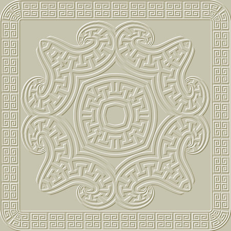 Floral embossed 3d greek seamless pattern. Vector textured light background. Ancient emboss square frame, border, mandala, flowers. Relief surface 3d greek meanders ornaments. Endless grunge texture.のイラスト素材
