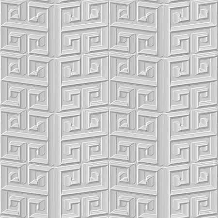 Textured 3d seamless pattern. Vector embossed white background. Surface repeat emboss backdrop. Modern 3d relief greek ornaments. 3d design with ancient greek key, meanders. Grunge embossing texture.のイラスト素材