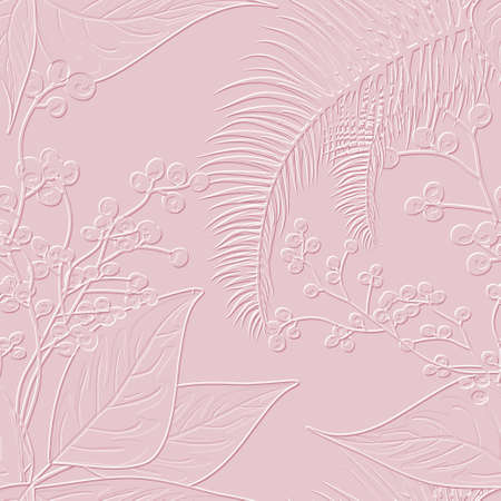 Textured floral line art 3d seamless pattern. Tropical palm leaves relief pink background. Repeat embossed backdrop. Surface leaves, branches, plants. 3d endless grunge ornament with embossing effect.のイラスト素材