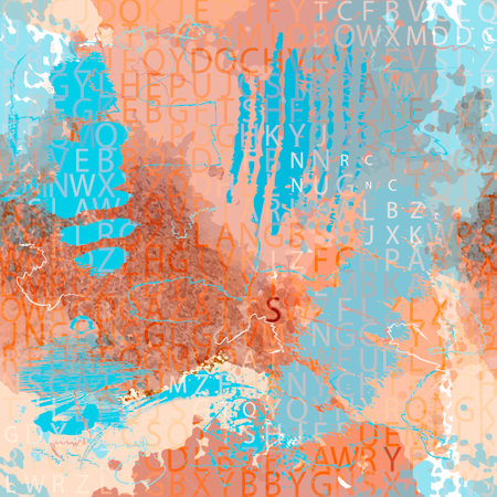 Very beautiful creative letters seamless pattern. Half tone abc on dirty watercolor background. Letter ornament. Lettering rough trendy background. Splatters, brush strokes, fonts, doodle lines.のイラスト素材