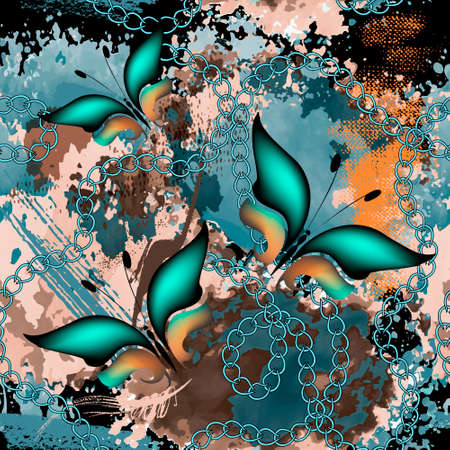 3d flying butterflies seamless pattern. Textured watercolor fantasy background. Modern brush strokes dirty backdrop. Doodle lines, chains, brush strokes, butterfly ornaments. Grunge rough texture.のイラスト素材