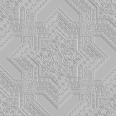 Arabian style white 3d emboss seamless pattern. Ornamental relief vector background. Embossed repeat backdrop. Beautiful surface textured ornaments. Greek meanders. Embossing endless grunge texture.のイラスト素材