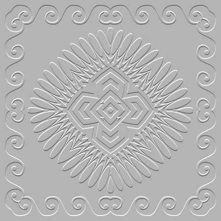 Floral greek embossed 3d seamless pattern. Textured modern white background. Relief greek style 3d ornaments with surface emboss flowers, square wavy frame, lines, swirls, rhombus. grunge texture.のイラスト素材