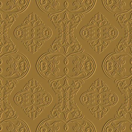 Floral emboss 3d seamless pattern. Embossed golden vintage background. Textured repeat backdrop. Surface Baroque Damask ornament. Relief 3d vintage flowers, leaves. Grunge embossing endless texture.のイラスト素材