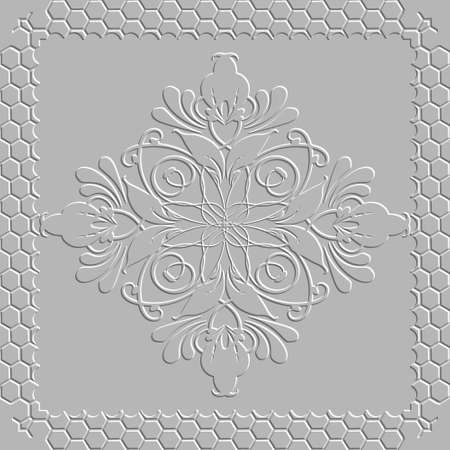 Textured floral vector 3d seamless pattern. White embossed background. lacy square frame, border. Repeat relief backdrop. Vintage line art tracery emboss flowers, leaves. Surface beautiful 3d ornamentのイラスト素材