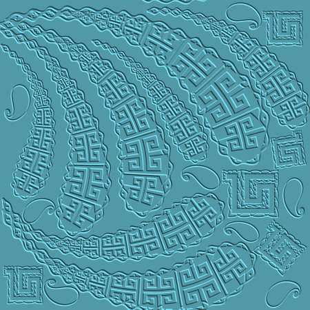 Floral embossed 3d greek seamless pattern. Vector textured blue background. Hand drawn emboss 3d paisley flowers. Relief surface ethnic greek meanders ornament. Endless grunge texture. Ornate design.のイラスト素材