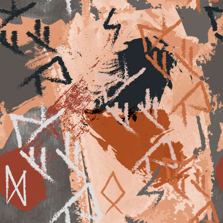 runes. Hand drawn runic letters seamless pattern. Magic signs and symbols of Nordic culture. Abstract brush strokes vector background. mystical backdrop. Drawing runes. Scratched grunge texture.のイラスト素材