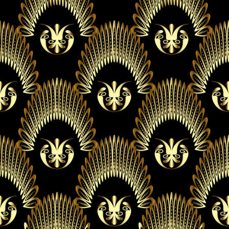 3d luxury floral Deco seamless pattern. Black and gold beautiful ornamental vector background....