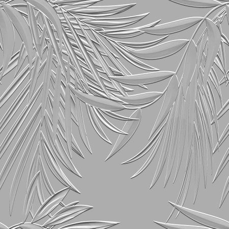 Tropical 3d seamless pattern. Tropic palm leaves relief background. Repeat embossed light gray backdrop. surface leaves, branches. 3d leaf ornament. Textured floral design with embossing effect.のイラスト素材