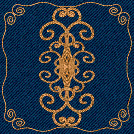 Beautiful floral gold 3d pattern with frame. Textured denim jeans background. Tapestry vector backdrop. Vintage swirls lines flowers. Embroidery swirl ornament on jeans material. golden strings. Decorのイラスト素材