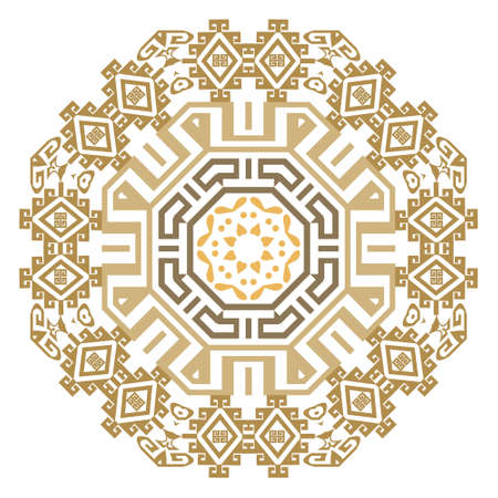 mandala. beautiful ornament. Round golden meander pattern on white background. Traditional mandala with greek key meanders ornament. Ornamental tribal ethnic style geometric design. ornate texture.のイラスト素材