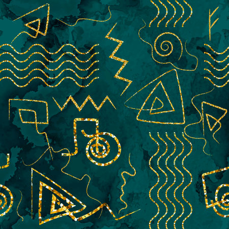 Spiral circles spiral triangles seamless pattern.Tribal ethnic watercolor stained rough background....