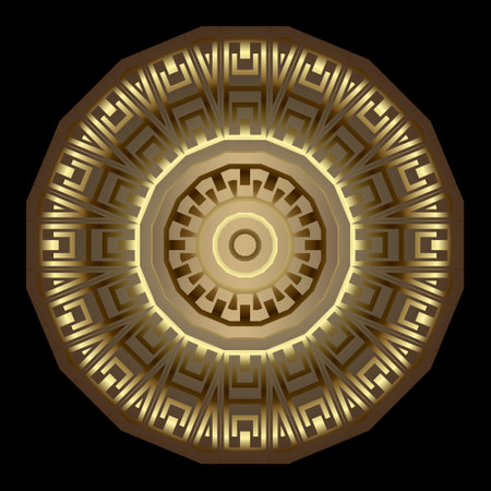 gold mandala. Luxury round surface mandala pattern. Ornamental decorative vector background. Greek style modern beautiful ornaments. Trendy ornate design. Shiny golden 3d texture.のイラスト素材
