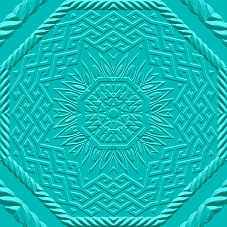 Tribal ethnic textured 3d seamless pattern. Floral light blue vector background. traditional ornaments. Embossed geometric modern design. Repeat surface emboss backdrop with flowers, mandalas, ropes.のイラスト素材