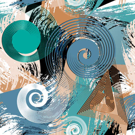 Spiral circles and spiral triangles seamless pattern. Brush strokes dirty background. Geometric...