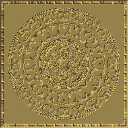 Textured floral 3d seamless pattern with square frame. Greek emboss ornaments. Decorative beautiful patterns. Vector surface embossed background. Ethnic relief backdrop. Greek key, meanders, flowers.のイラスト素材