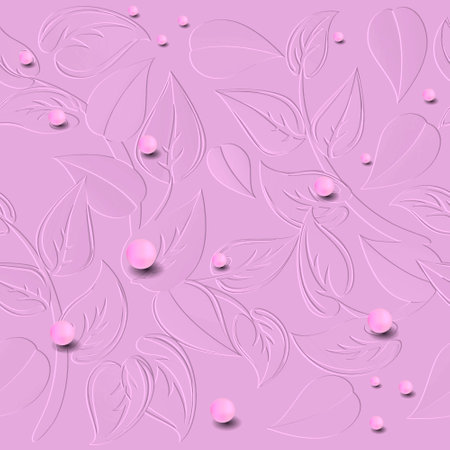 3d embossed floral seamless pattern. Ornamental beautiful leafy relief background. Repeat textured beauty backdrop. Surface leaves, branches, 3d pearls. Elegance 3d ornaments with embossing effect.のイラスト素材