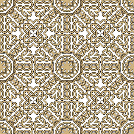 Celtic seamless pattern. Tribal ethnic traditional vector background. Colorful intricate line art flowers pattern. Braided floral repeat lines ornament. Ornate beautiful modern golden design on white.のイラスト素材