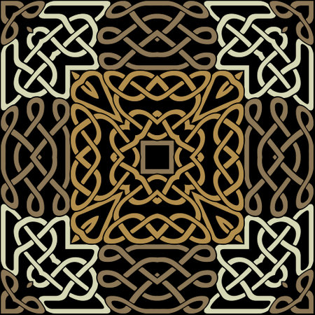Celtic seamless pattern with frame, border. Tribal ethnic style traditional vector background. Colorful intricate line art beautiful pattern. Braided repeat lines ornament. Ornate golden luxury designのイラスト素材