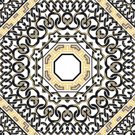 Chains. Greek golden frames, mandalas and chains seamless pattern. Traditional ornamental tribal ethnic vector background. Repeat backdrop. Greek key meander, chains. Trendy luxury ornaments on white.のイラスト素材