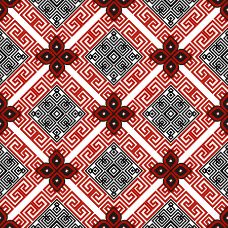 Ethnic seamless pattern. Floral vector colorful background. Geometric repeat trendy greek backdrop. Greek key meanders, flowers, frames. Rhombus frames ornaments on white background. endless texture.のイラスト素材