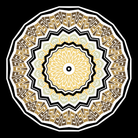 Floral beautiful round mandala pattern. Traditional tribal ethnic style vector background. Greek key meanders ornament. Abstract colorful zigzag flowers, frames. Ornamental design on black background.のイラスト素材