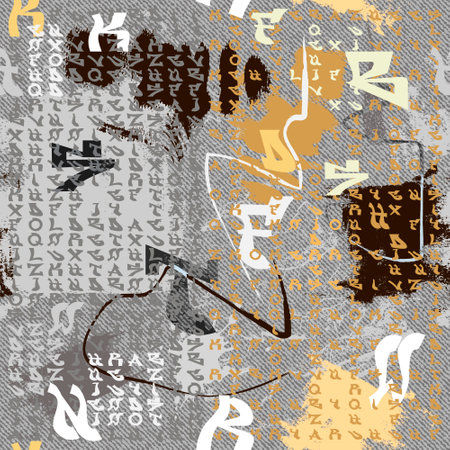 creative letters seamless pattern. English abc on dirty denim background. Repeat typeset backdrop. Modern letter ornaments. Lettering textured grunge background. Doodle lines, brush strokes, fonts.のイラスト素材