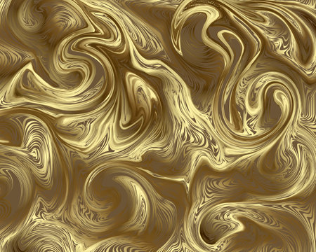 Gold 3d psychedelic marble pattern. Golden dynamic swirls vector background. Luxury ornamental fantasy marble backdrop. Shiny gold modern texture. Beautiful trendy decorative abstract design.のイラスト素材