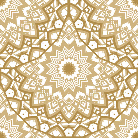 Floral zigzag mandalas gold seamless pattern. Tribal ethnic style traditional vector background. Colorful tiled golden abstract flowers pattern. Repeat round tiled mandalas ornament. Zigzag lines.のイラスト素材