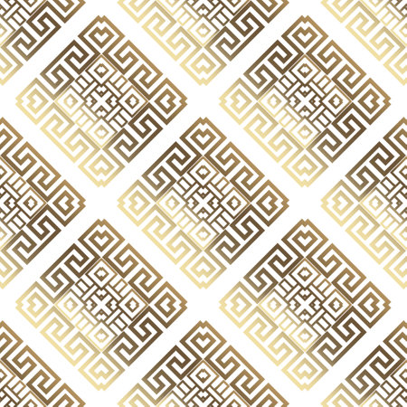 Gold rhombus seamless pattern. Greek golden ornaments on white background. Vector repeat ornate greek backdrop. Modern geometric ornament with greek key, meanders. Endless texture. Isolated design.のイラスト素材