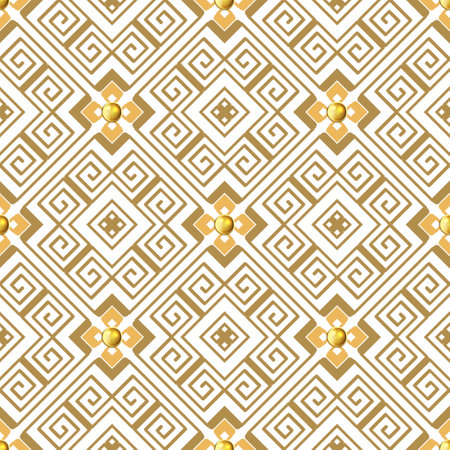 Greek seamless pattern. Greek golden ornaments on white background. Vector repeat ornate greek backdrop. Modern geometric ornament with gold 3d buttons, greek key, meanders, rhombus. endless texture.のイラスト素材