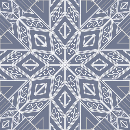 Geometric tribal ethnic style seamless pattern. Blue and white ornamental vector background. Repeat geometric patterned backdrop. Traditional ornaments with rhombus, circles, abstract flowers.のイラスト素材