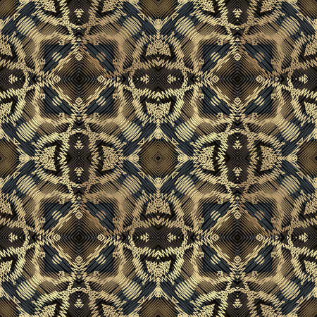 Tapestry seamless pattern. Textured ornamental embroidery background. Repeat abstract hatched flowers. Ethnic style ornaments. Emroidered endless texture. Colorful modern beautiful patterned design.のイラスト素材