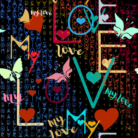 my love. Love hearts letters seamless pattern. Lettering background. Repeat modern ornaments with colorful letters, love hearts, butterflies. Beautiful ornate bright design for wrapping, cards, fabricのイラスト素材