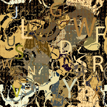 Letters seamless pattern. Halftone Abc on dirty spotted background. Letter ornament. Lettering trendy background. Splatters, brush strokes, fonts, doodle lines. Modern beautiful hand drawn design.のイラスト素材