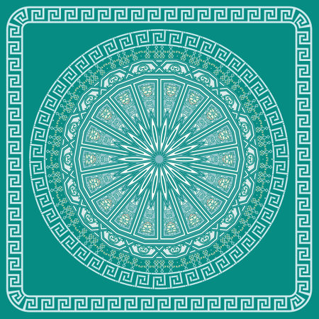 Beautiful round floral mandala pattern with square frame. Turquoise ornate vector background. Ethnic style arabesque ornaments. border. Modern decorative design. vintage flowers. Greek key, meanders.のイラスト素材
