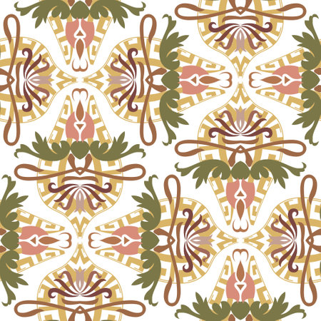 Floral greek colorful seamless pattern. Ornamental beautiful vector background. Modern repeat tribal ethnic backdrop. Vintage flowers, swirls. Greek key, meanders. Endless patterned ornate texture.のイラスト素材