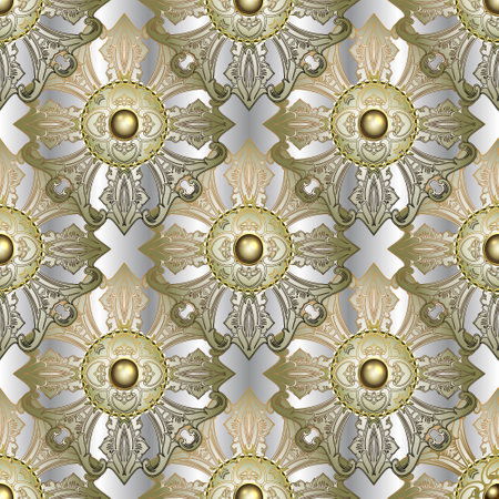 3d jewelry luxury seamless pattern. Gold baroque. Surface 3d gemstones. Royal vector background. Vintage beautiful floral ornaments in Baroque Victorian style. Modern ornate design. endless texture.のイラスト素材