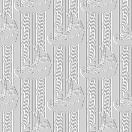 Sailing ships emboss 3d white seamless pattern. Greek surface textured borders background. Embossed sailing boats vector backdrop. Sailboats ornaments with embossing effects. Endless relief 3d textureのイラスト素材