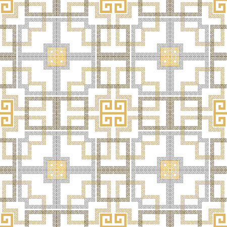Greek ornamental geometric seamless pattern. Modern patterned vector background. Repeat geometrical ornate backdrop. Squares ornaments with square frames, shapes, symbols, signs. Greek key, meanders.のイラスト素材