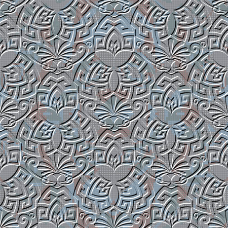Greek textured emboss 3d seamless pattern. Grunge halftone squares vector background. Repeat relief tribal ethnic backdrop. Embossed floral ornaments with surface flowers, greek key, meanders, swirls.のイラスト素材