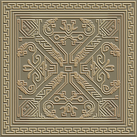 Emboss greek 3d floral seamless pattern with square frame. Embossed relief background. Greek key meanders surface flowers ornament. Abstract repeat textured backdrop. Embossing endless ornate texture.のイラスト素材