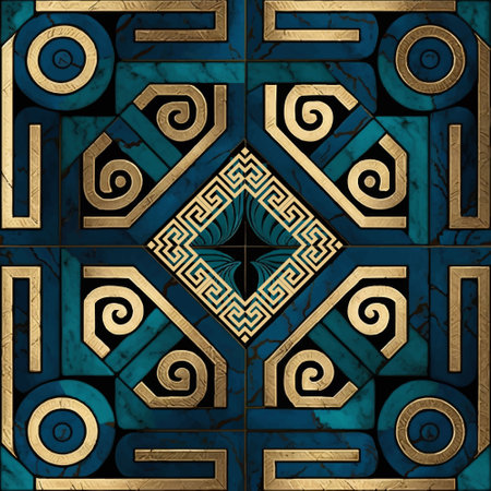 Marble art Deco greek seamless pattern. Luxury ornamental vector marble textured background. Decorative ancient style inlaid marble pattern. Modern design with cobalt and verdigris, gilded highlights.のイラスト素材
