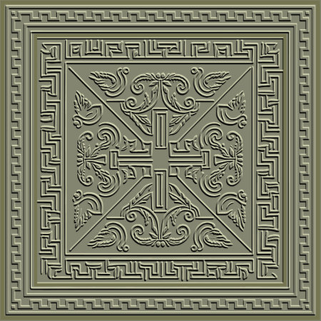 Emboss greek 3d seamless pattern with square frame. Embossed relief background. Greek key meanders surface geometric ornament. Abstract repeat textured backdrop. Embossing endless ornate texture.のイラスト素材