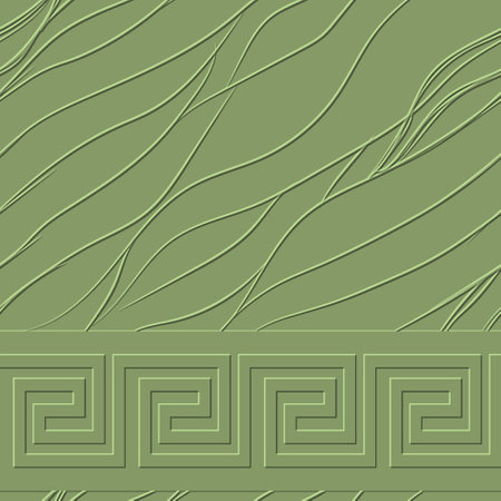 border. 3d wavy lines embossed greek seamless pattern. Green textured waves vector background. Repeat patterned surface backdrop. Modern grunge ornaments with greek key meanders borders, wavy lines.のイラスト素材