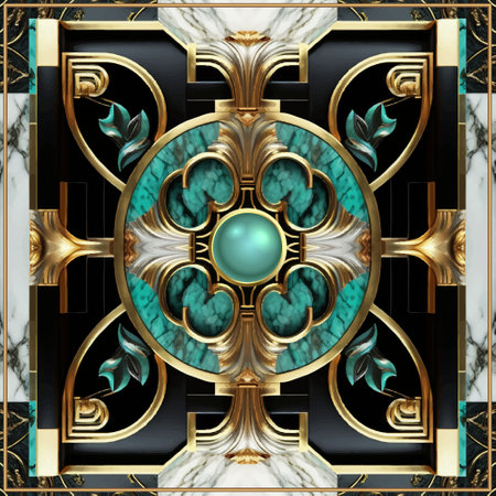 Marble granite art Deco inlaid floral seamless pattern. Luxury vector marble textured background. Antique style inlaid turquoise flowers marble pattern. Modern ornate design with golden square frames.のイラスト素材